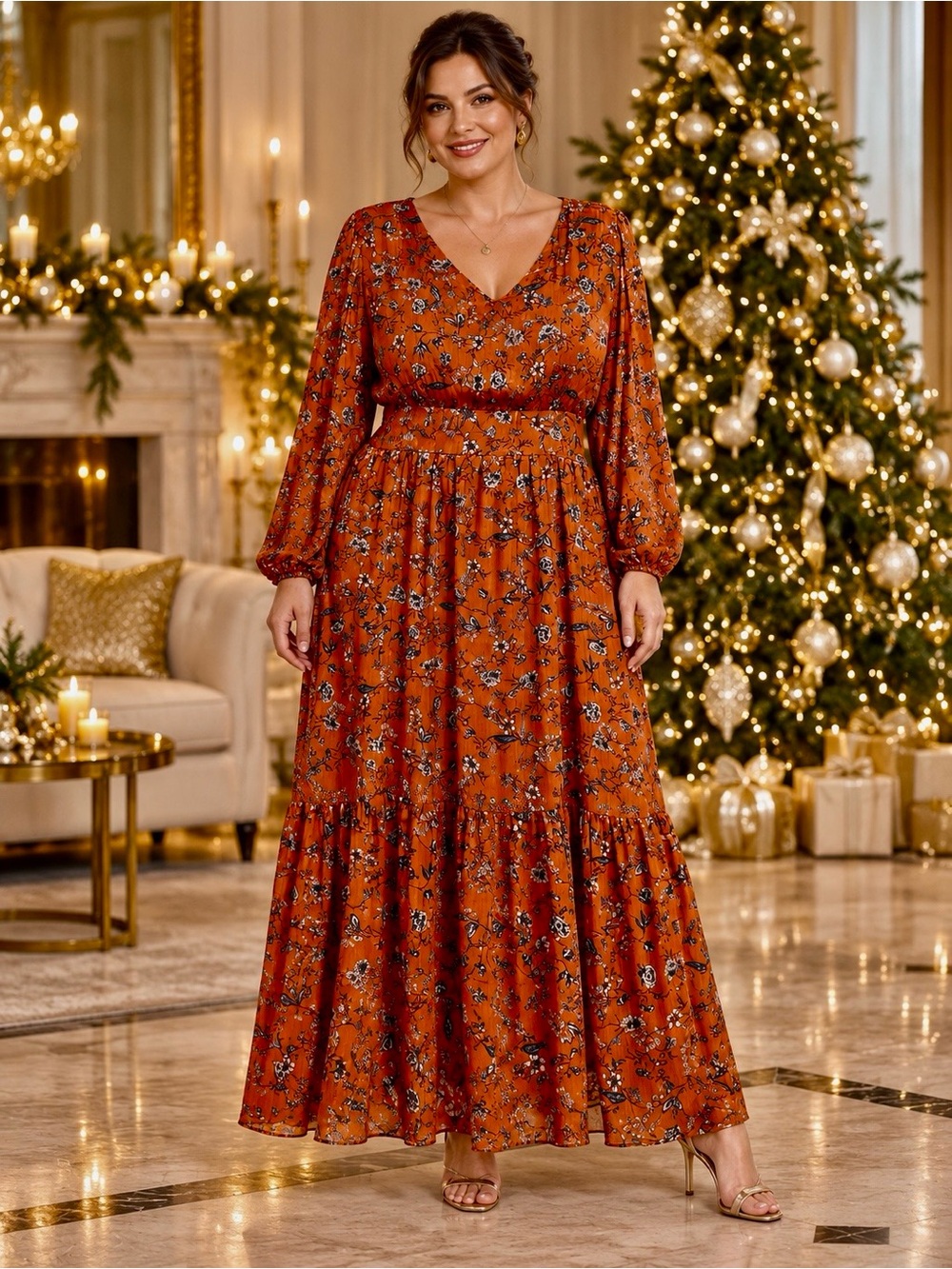 Sugarlips Curve 3X Rust Floral Maxi Dress Long Sleeve Boho V-Neck NWT